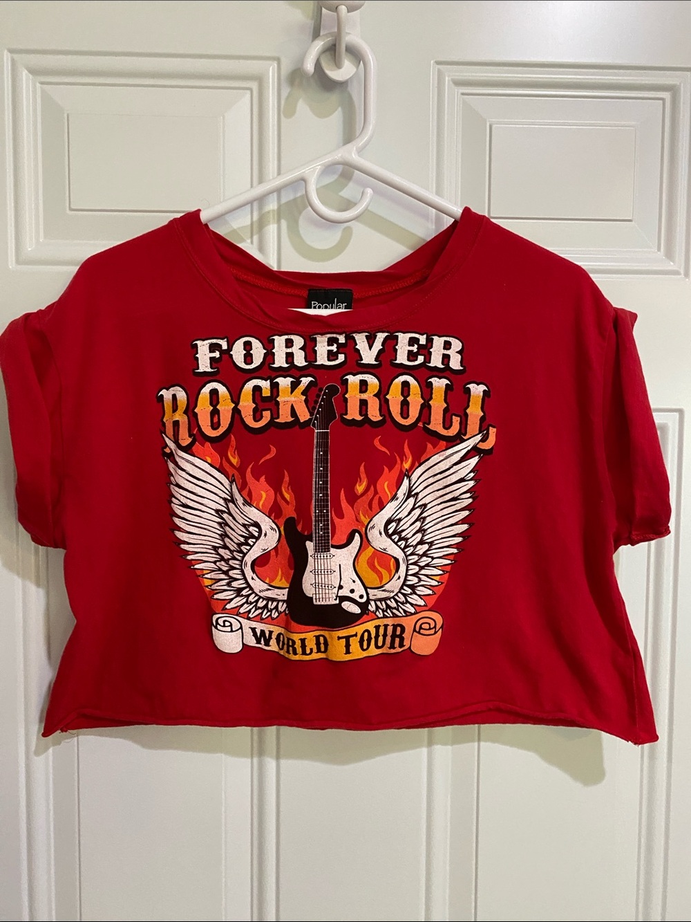 Forever Rock Roll Red Crop Tee - Graphic Winged Guitar